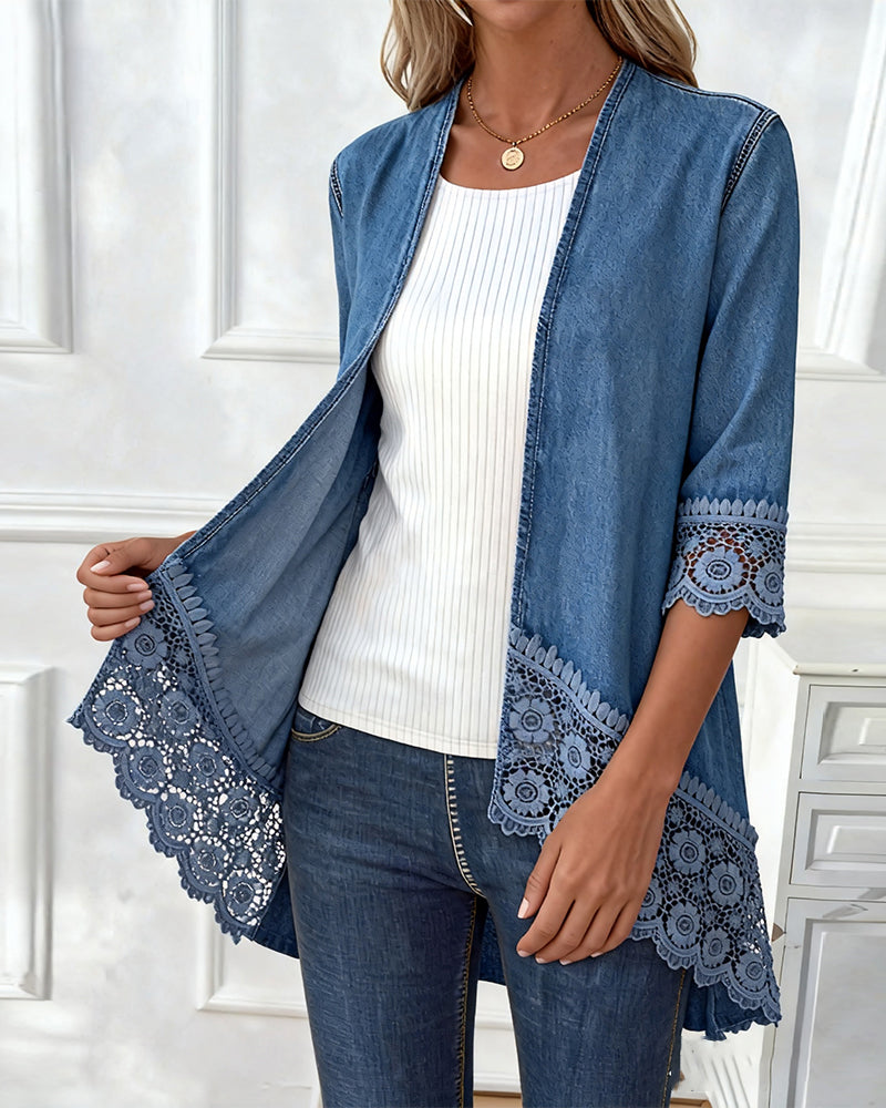 Frakke Med Hæklet Blonde Og Denim-Patchwork
