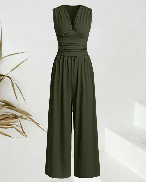 Jumpsuit Ensfarvet Ribbet Ærmeløs
