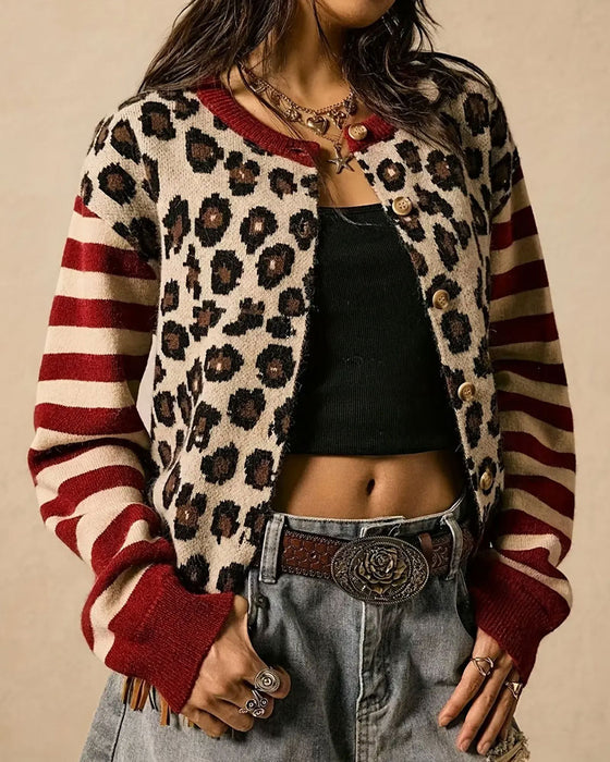 Cardigan Leopardstribe Farveblok Knap
