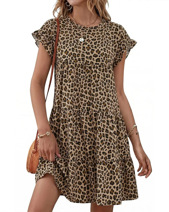 Kjole Ruffle Ærme Leopard Lagdelt