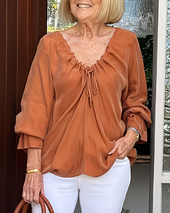 Bluse V-Hals Rynket Bindebånd Casual