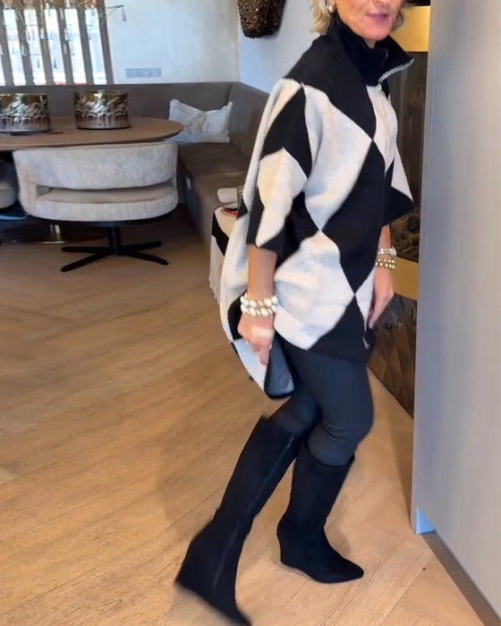 Sweater Stående Krave Argyle Uregelmæssig