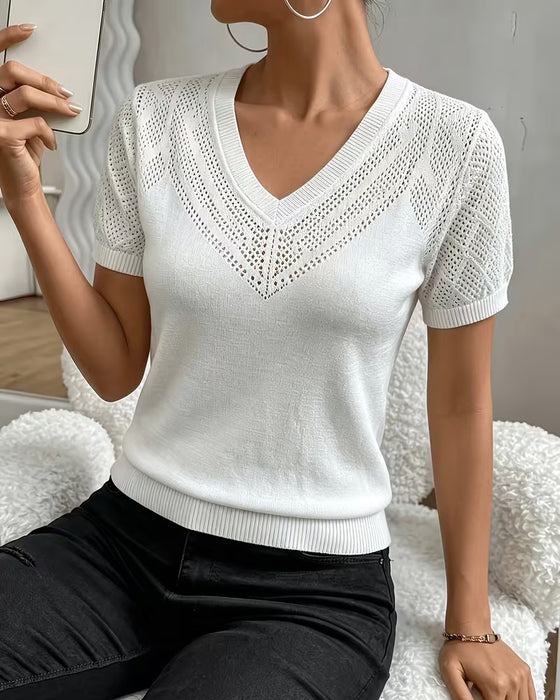 Pullovers Med V-Hals, Hulmønster, Ensfarvede, Figurtilpassede