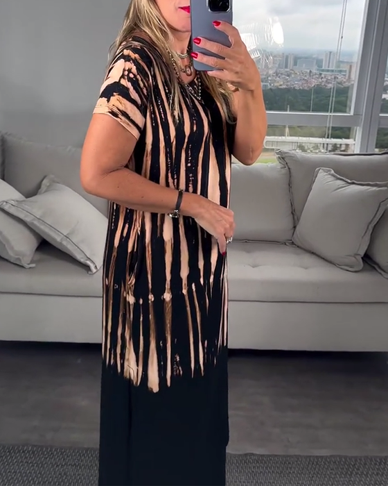 Kjole afslappet kortærmet slids rund halsudskæring printet