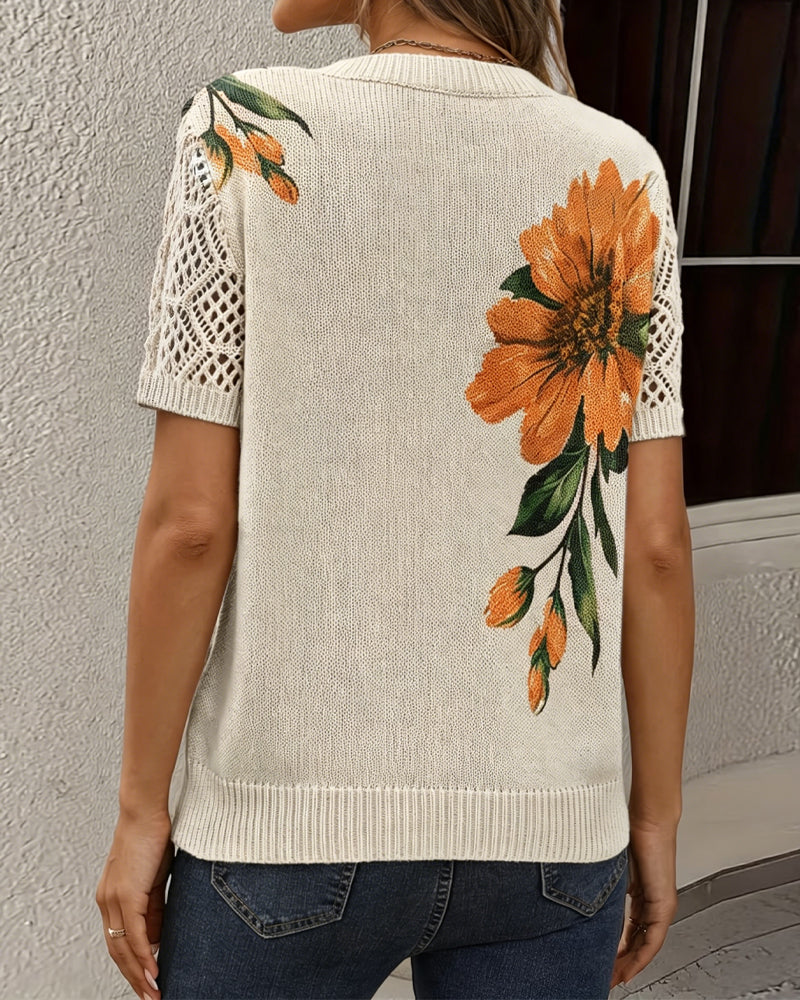 Pullover V-Udskæring Strikket Blomstret