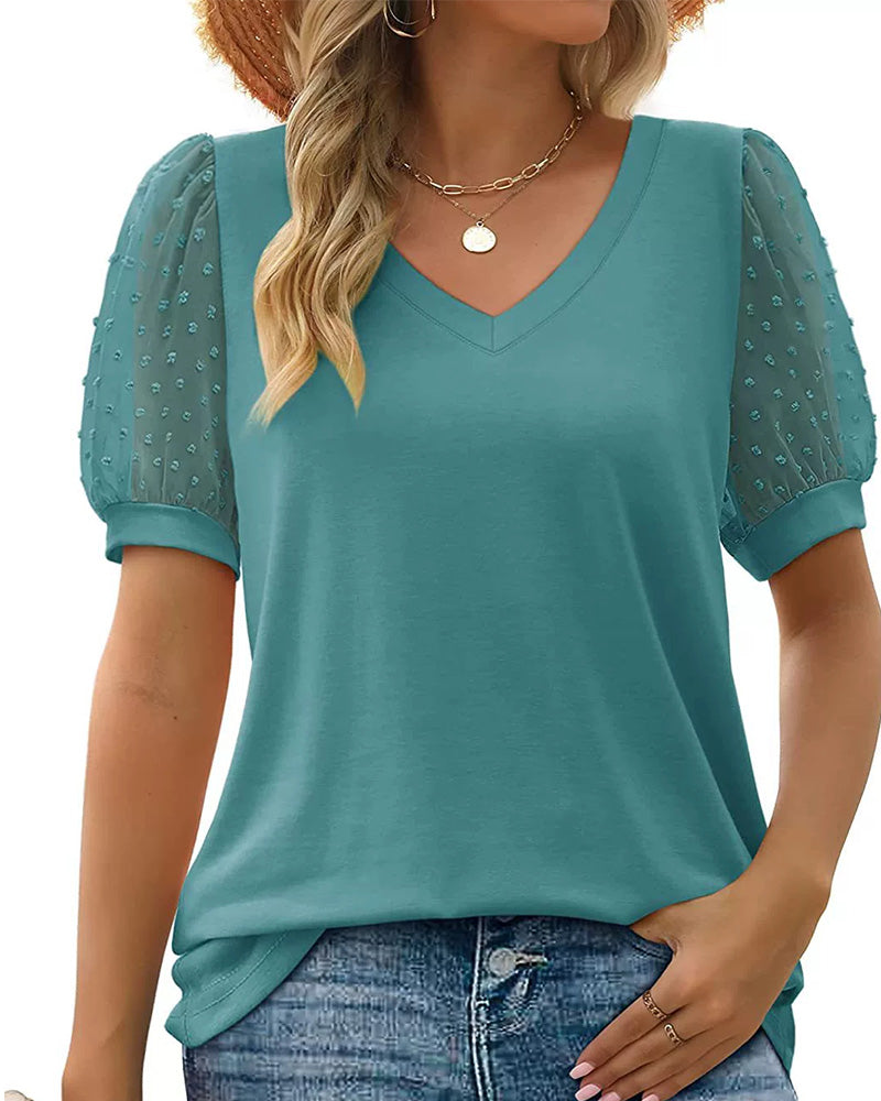 Bluse Ensfarvet Mesh Puffærme