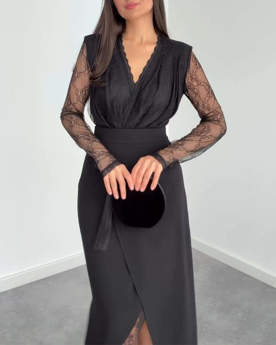 To-Delssæt Med V-Hals Spids Top, Asymmetrisk Midikjol Och Elegant Stil