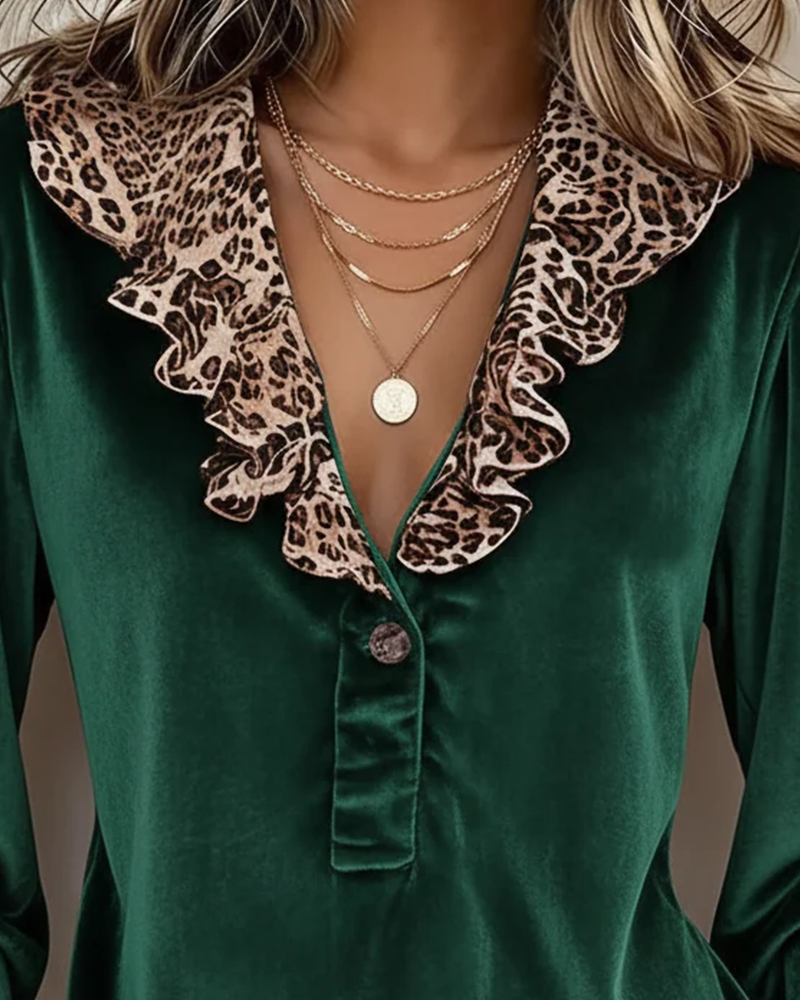 Top V-Hals Knap Ruffle Leopard