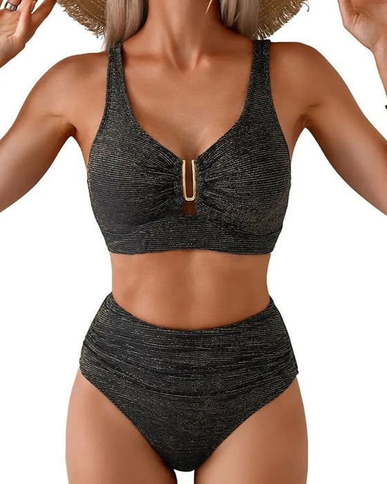 Bikini Høj Talje Stribet Knap