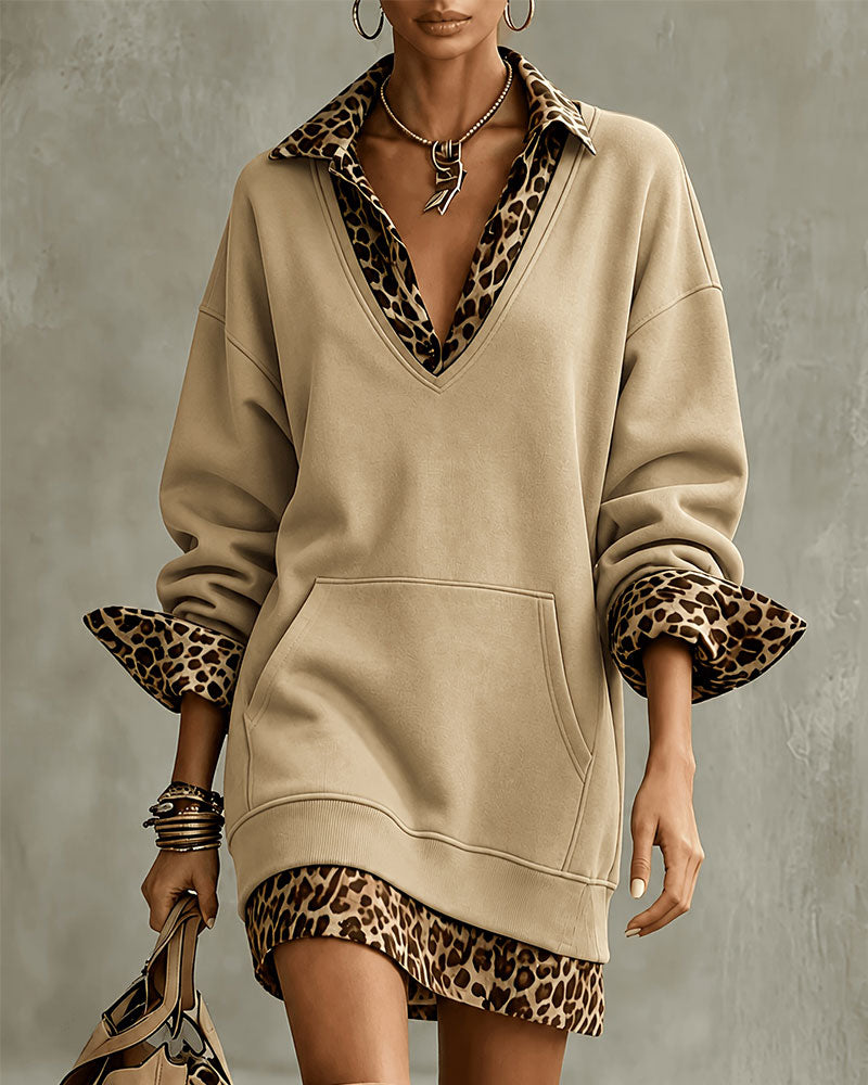 Kjole Krave V-Udskæring Leopardmønster Sweatshirt