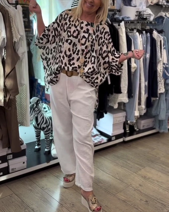 Bluse Med Rund Hals Leopardprint Løs