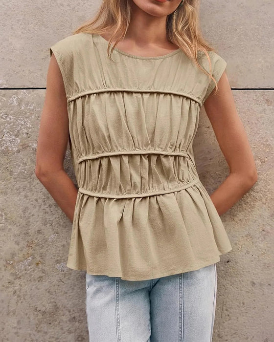 Bluse Rund Hals Rynket Talje