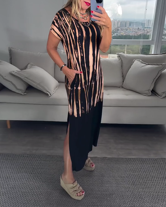 Kjole afslappet kortærmet slids rund halsudskæring printet