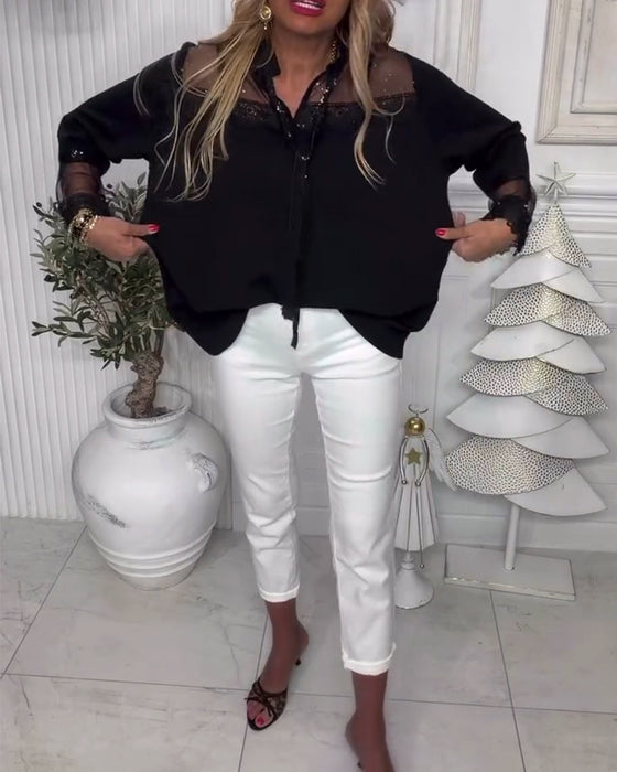 Bluse Ensfarvet Patchwork Langærmet