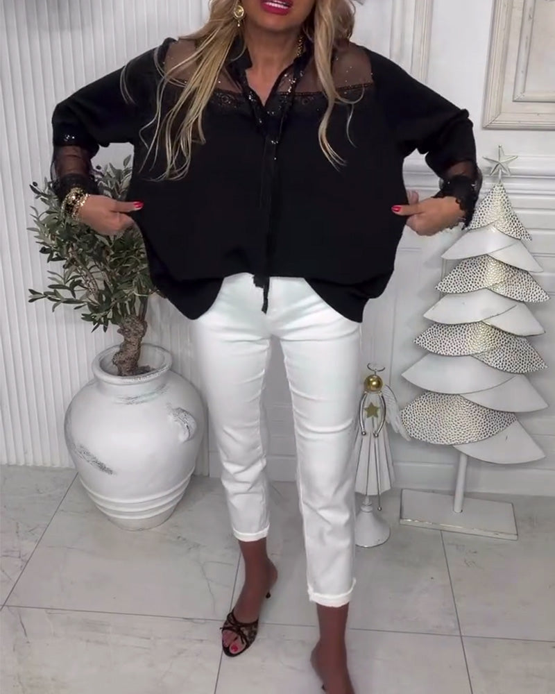 Bluse Ensfarvet Patchwork Langærmet