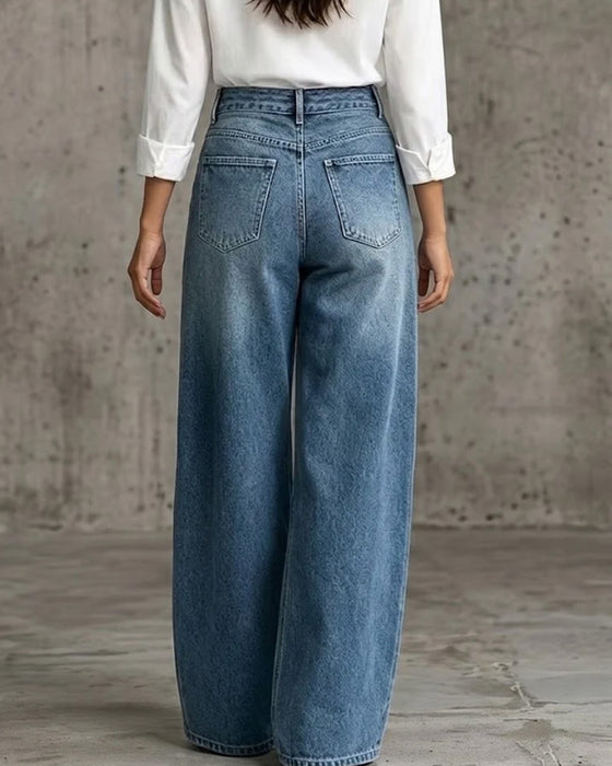 Bukser Knap Lomme Bredbenede Denim Lang