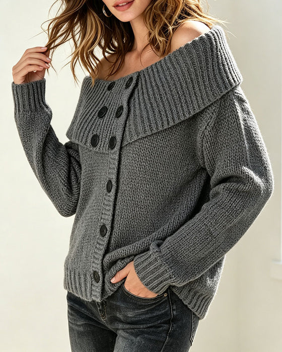 Pullover Revers Off-Skulder Knap Off-Skulder