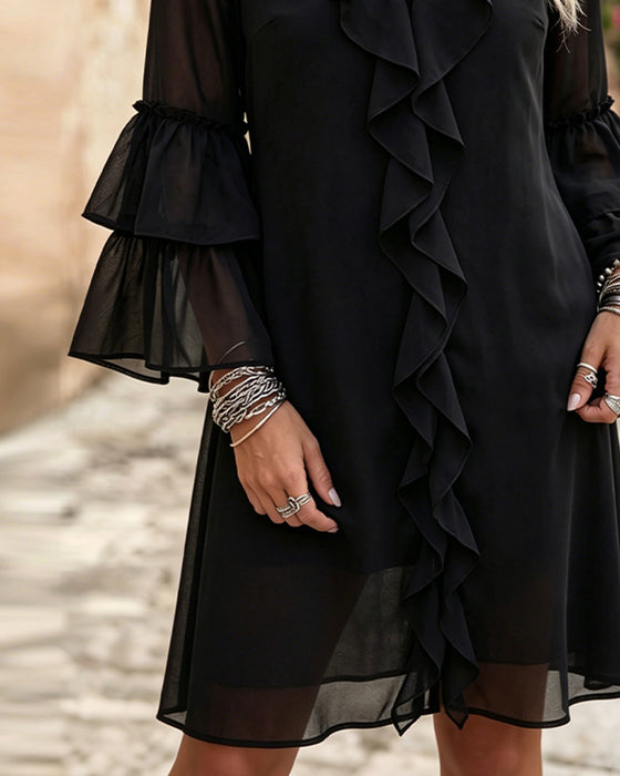 Kjole Ruffle Flare Ærme V-Hals