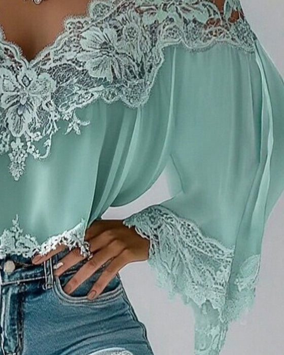 Bluse V-Hals Patchwork Løs Langærmet