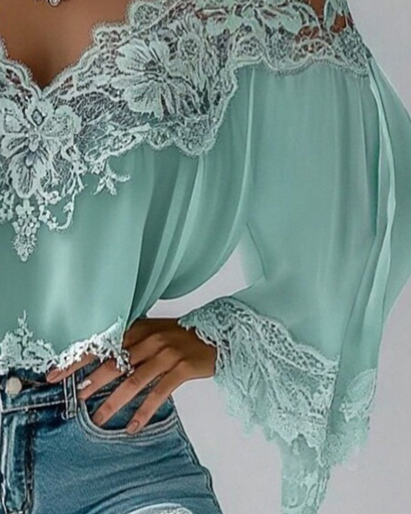 Bluse V-Hals Patchwork Løs Langærmet