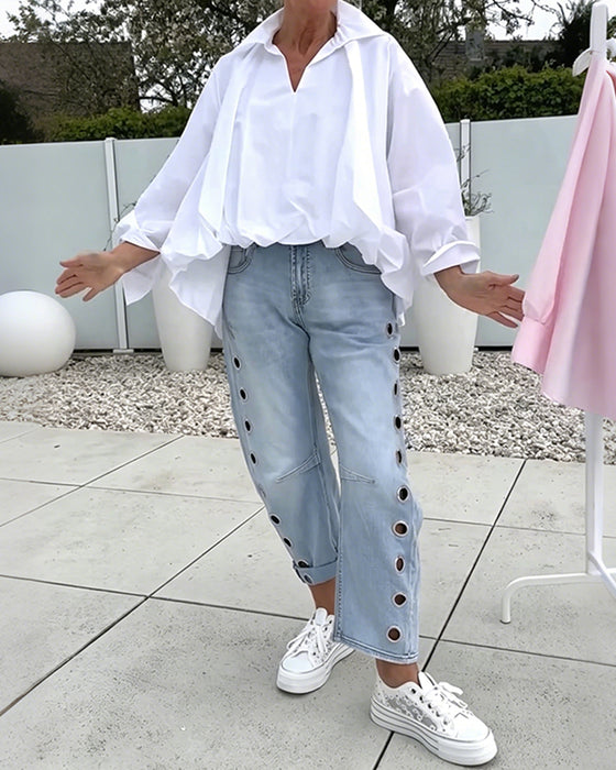 Oversized Bluse Med V-Udskæring Og Faldende Skuldre
