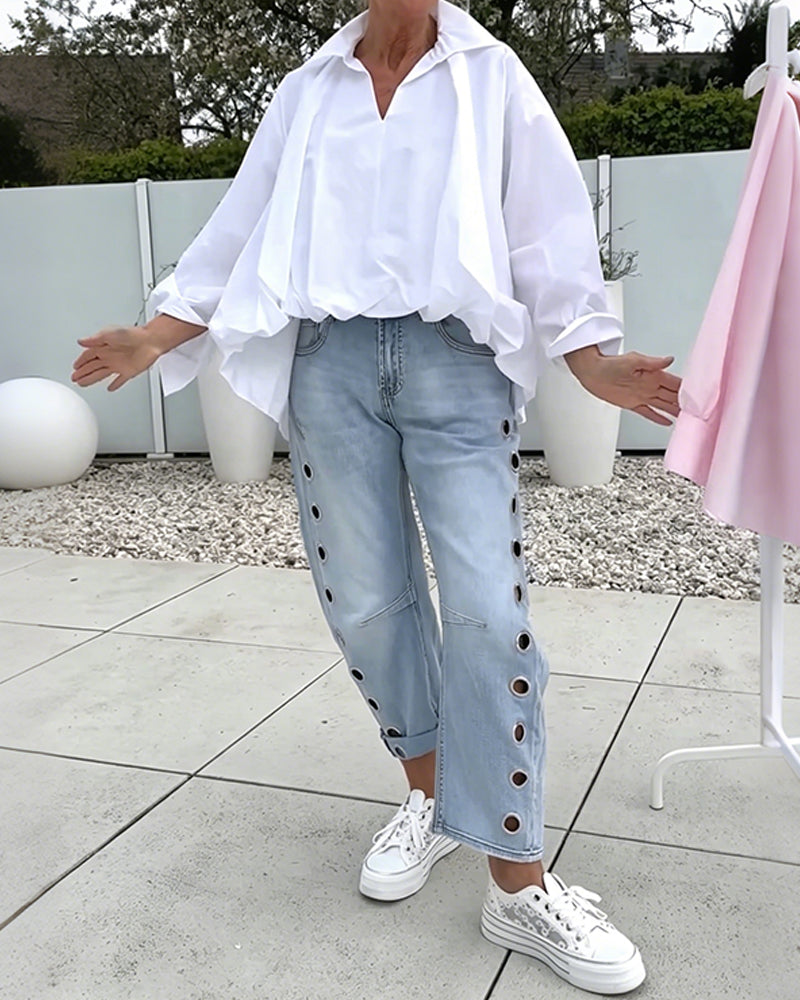 Oversized Bluse Med V-Udskæring Og Faldende Skuldre