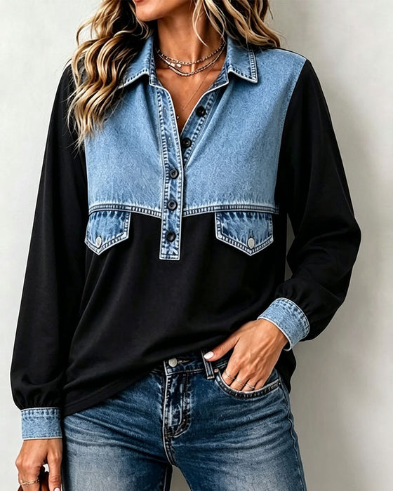 Sweatshirt Skjortekrave Lomme Patchwork