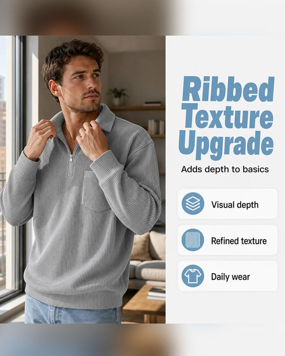 Sweatshirt Ribbet Halv Lynlås Krave Lang Ærme