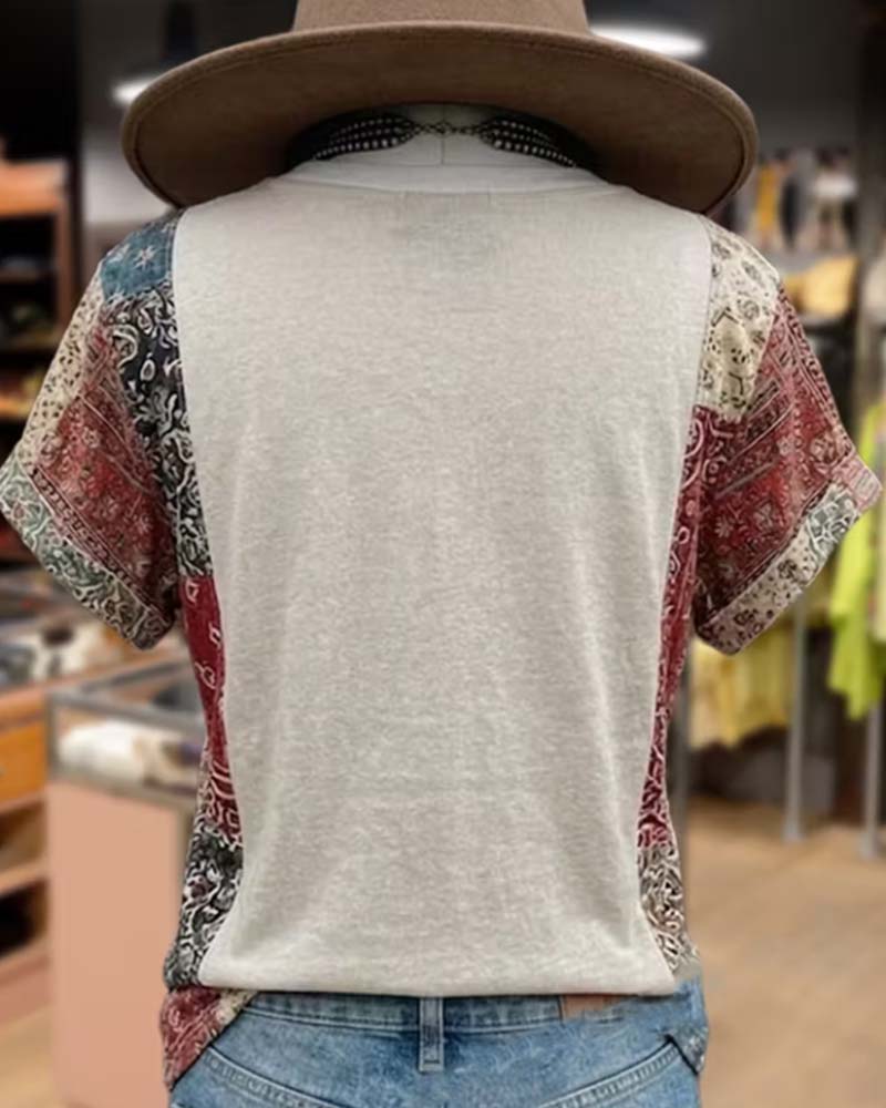 T-Shirt V-Udskæring Kortærmet Patchwork