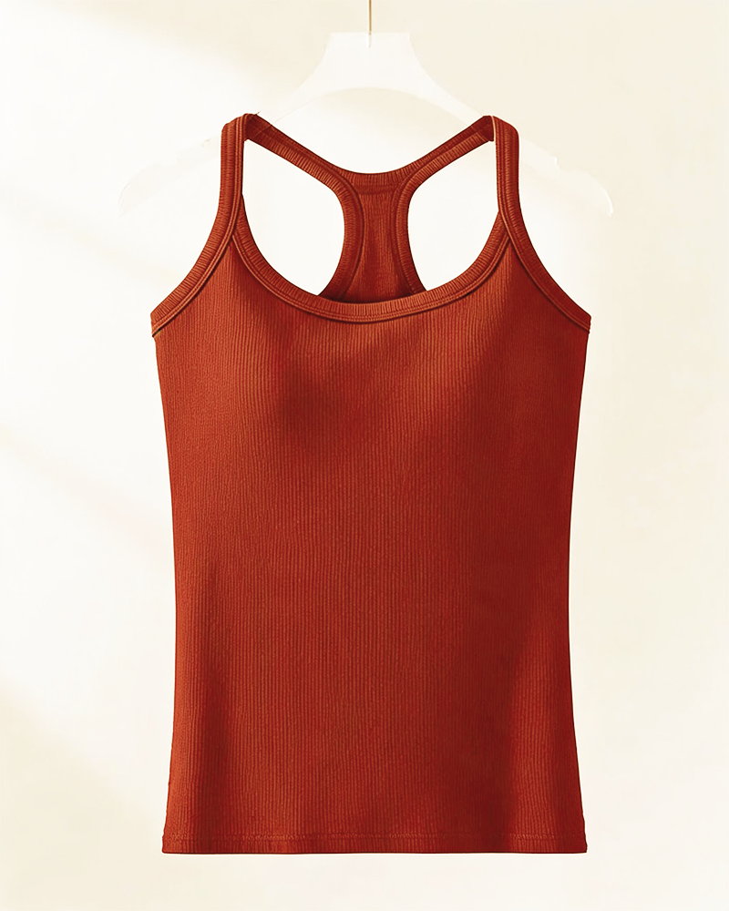 Tanktop Indbygget Bh Ribstrikket Ensfarvet
