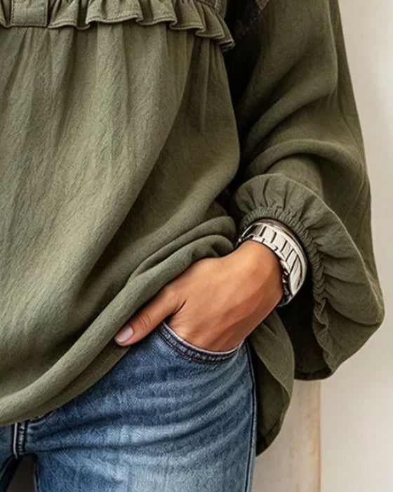 Top Camo Patchwork Rynkekant V-Hals