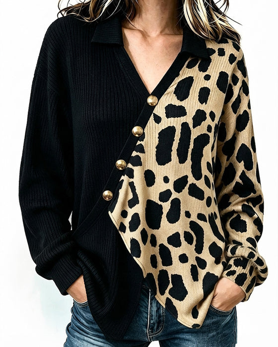 Pullover Leopard Patchwork Asymmetrisk Knapstolpe Farveblok