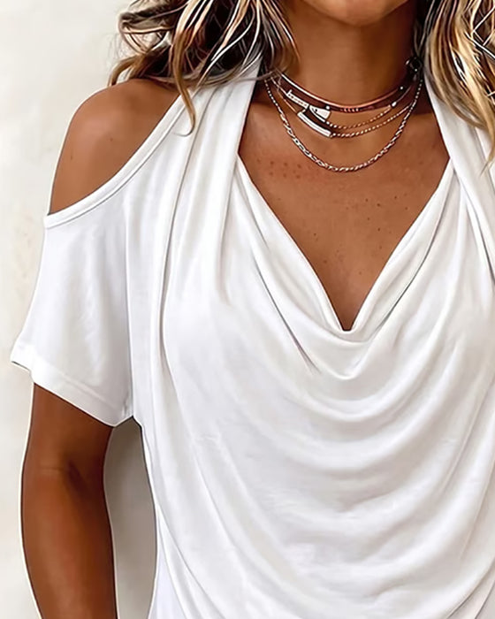 T-Shirt Halter Off-Shoulder Draperet Kort Ærme
