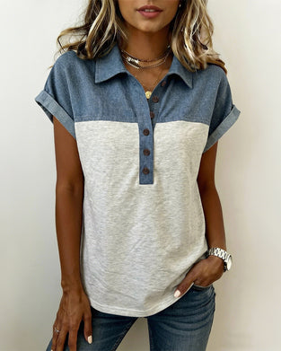 T-Shirt Knappet Patchwork Nedadvendt Krave