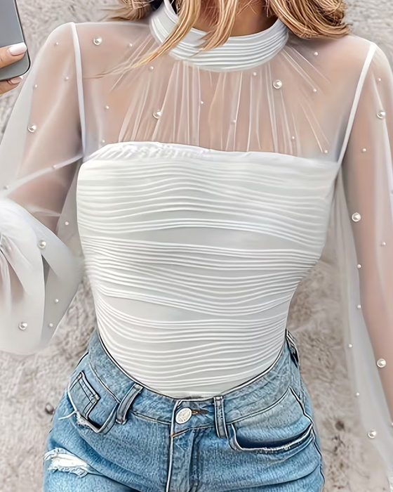 Bluse Mock Hals Rynket Sheer