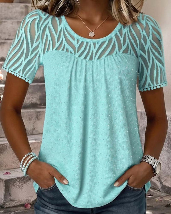 Bluse Mesh Patchwork Solid Farve