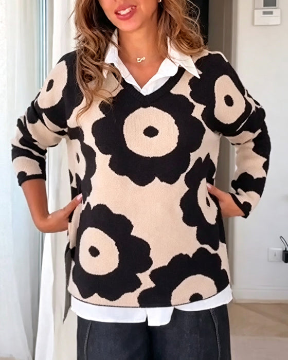 Pullover Blomstertryk V-Hals
