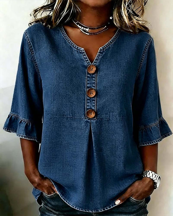 Bluse V-Udskæring Udvidet Ærme Denim