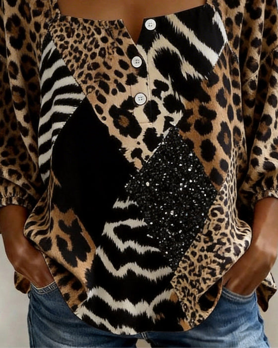 Bluse Firkantet Hals Leopardprint Patchwork Paljet