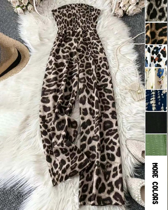 Jumpsuit Stropløs Leopard Tryk Bred Ben Taljeret