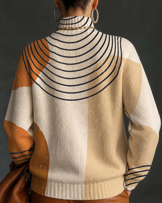 Pullover Geometrisk Linje Farveblok Høj Hals