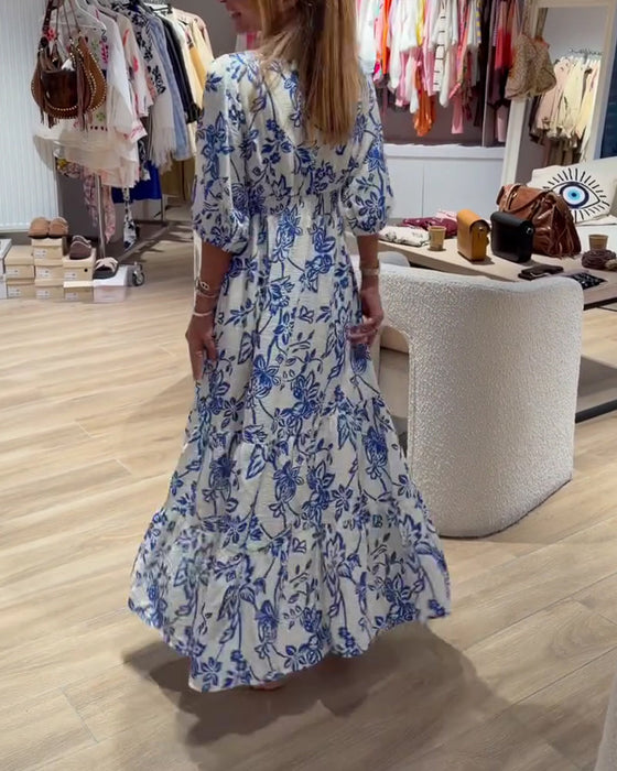 Kjole Dyb V-Hals Elegant Blomstret Lang