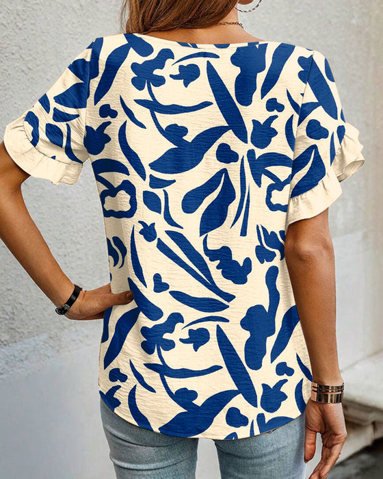 Bluse Rund Hals Print Volanter