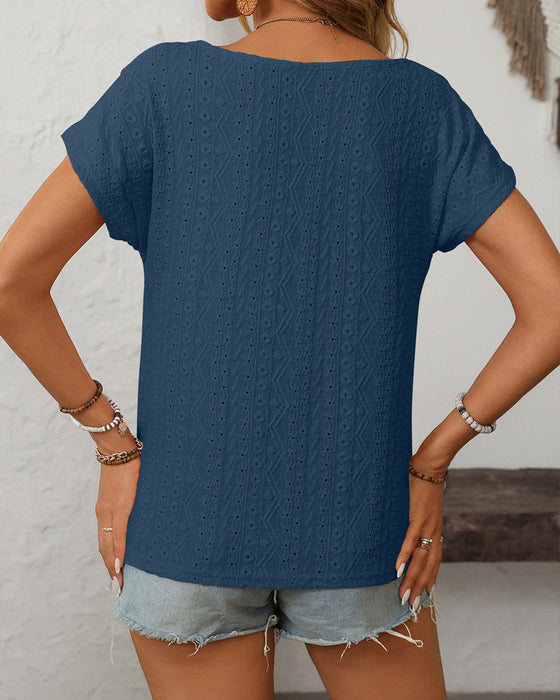 Bluse Rund Hals Knapper Udsnit Kort Ærme