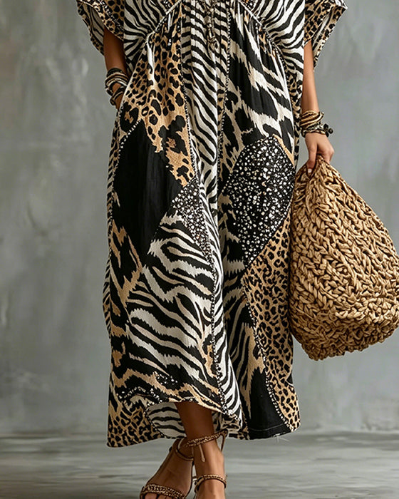 Kjole V-Hals Leopardprint Flagermusærme