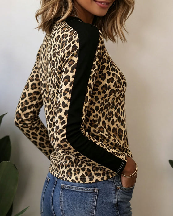 Top Rundhalset Leopard Farveblok
