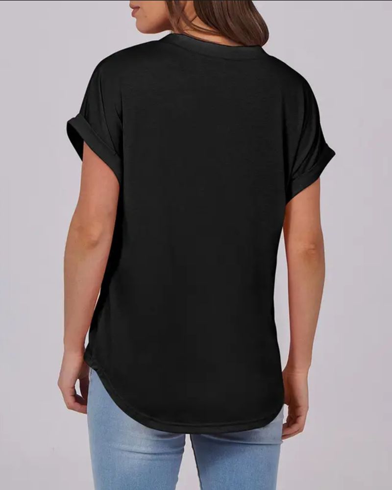 T-Shirt Ensfarvet V-Udskæring Kortærmet