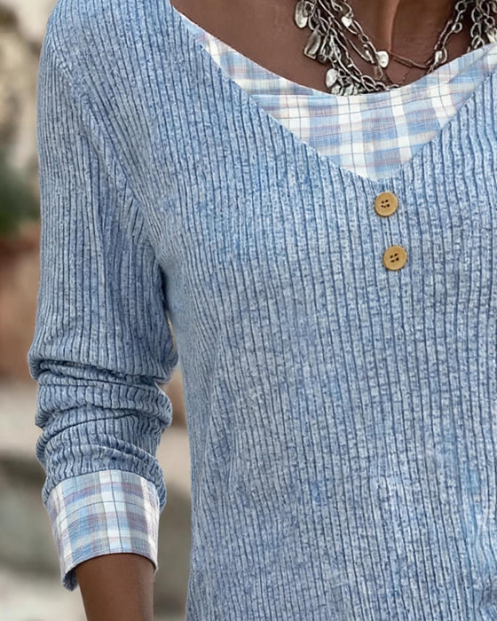Top Ribbet Ternet Patchwork Lang Ærme
