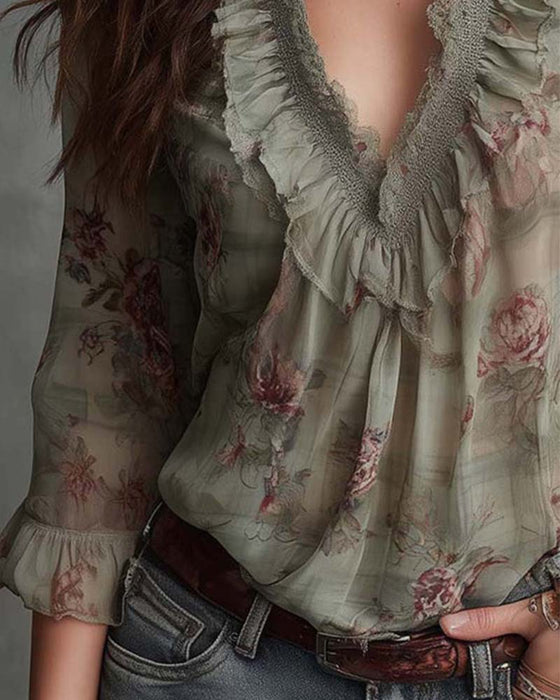 Bluse Blomstret V-Hals Rysjet