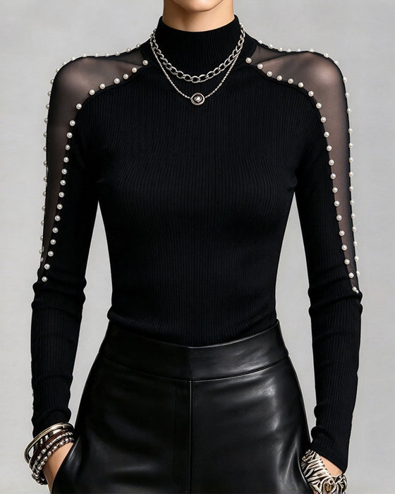 Top Halv Turtleneck Ensfarvet Patchwork